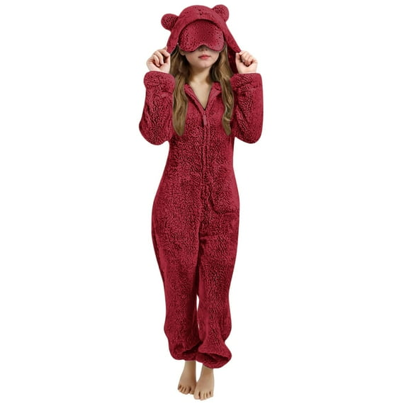 Kids Fleece Onesie Romper Hooded Red Onesie Girl Animal Costume Long Sleeves Zip Up Jumpsuit Costume For Girls 9-10 Years