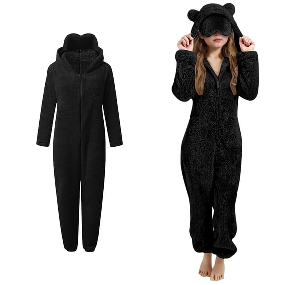 Kids Pajamas Girls Bear Hooded Onesie Black Onsie Thickened Zipper Thermal Loungewear Girls Clothes Size 7-8 Years