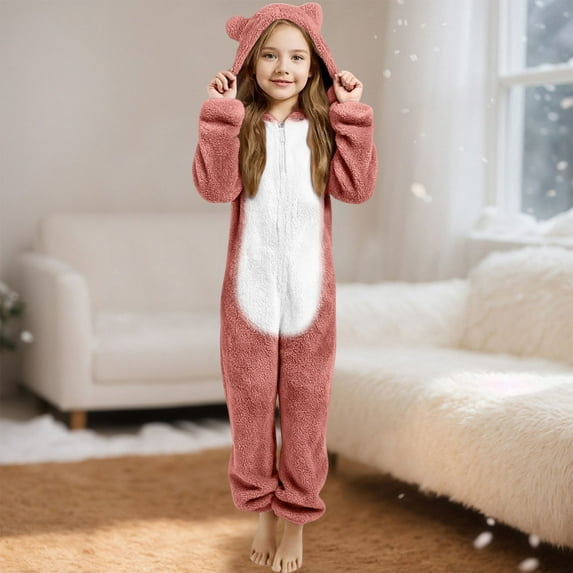 Kids Fleece Pajamas Girls Kids Onesie Pajamas Little bear's ears Onesie Girls Animal Onesie Long Sleeves Zip Up Jumpsuit Onesie Kids 5-6 Years