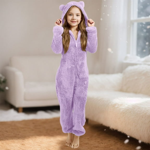 Kids Fleece Pjs For Girls Hooded Jumpsuit Romper Purple Onesie Kids Cute Animal Design Long Sleeves Zip Up Jumpsuit Onesie Kids 3-4 Years