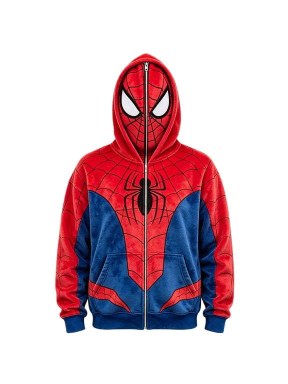 Kids Fleece Spider Cosplay Hoodie, Full Mask Zip Sweatshirt with All-Over Web Print, Warm Superhero Fleece Jacket for Cold Weather Halloween Events
