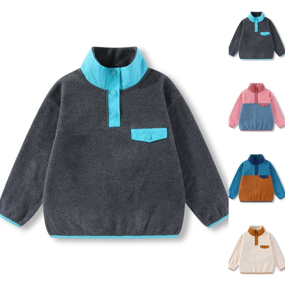 Kids Fleece Sweatshirt Soft Warm Color Block Half-Button Top Stand Collar for Boys&Girls Cozy Winter Layering Piece,Dark Gray,110