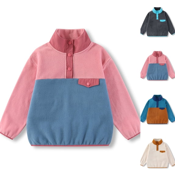 Kids Fleece Sweatshirt Soft Warm Color Block Half-Button Top Stand Collar for Boys&Girls Cozy Winter Layering Piece,Pink,110