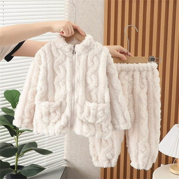 Kids' Fleece Two Pieces Set Flannel Loungewear Fluffy Zipper Jacket with Pockets Elastic Waist Pant to Fuzzy Outfit for Winter