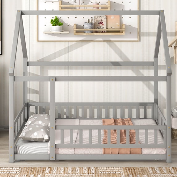 Kids Floor Bed, Full Size House Bed Frame with Full Fence Guardrails, Wooden Platform Bed Frame for Kids Teens Girls Boys, Easy to Assemble, Gray