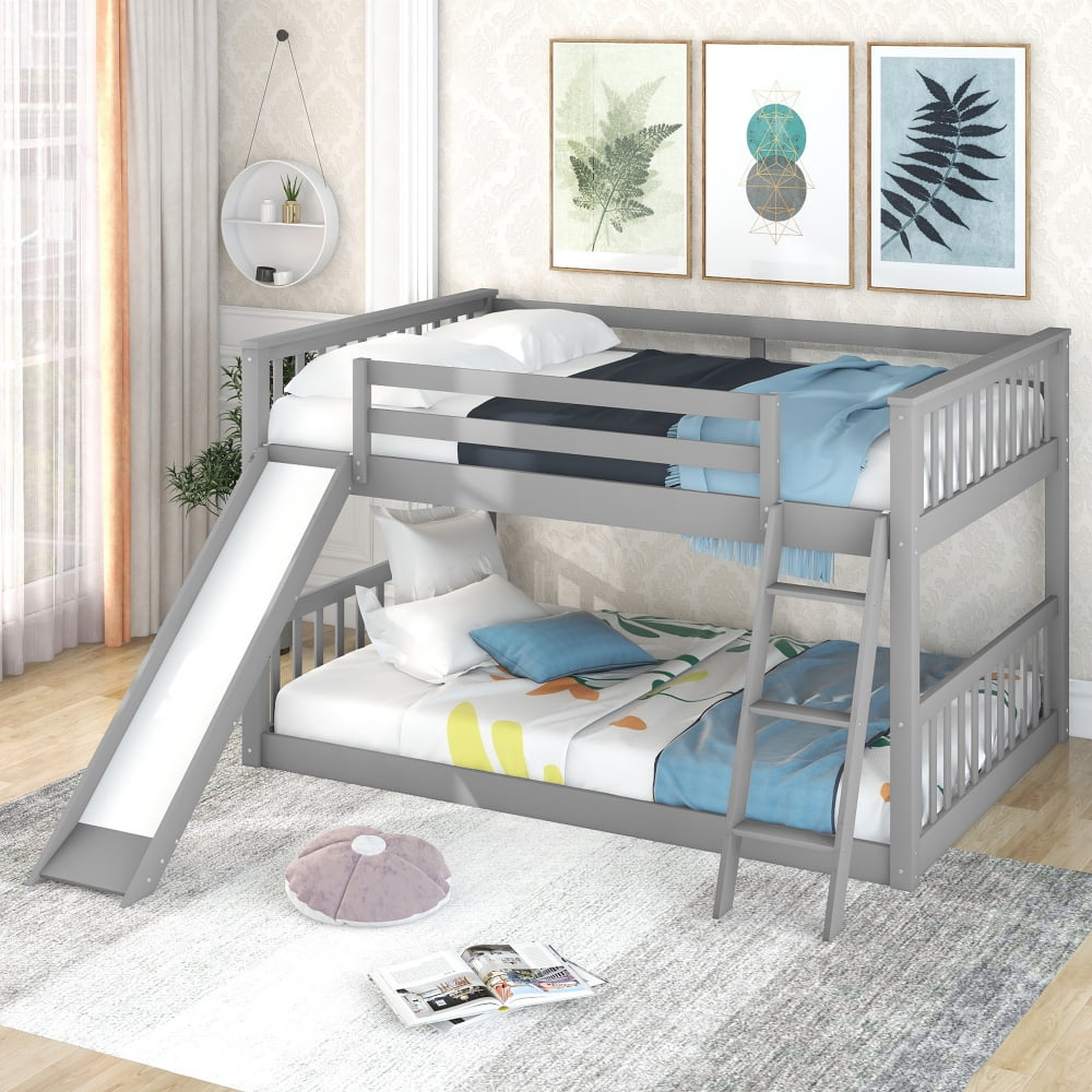 Kids Floor Bunk Beds, Full Over Full Bunk Bed with Convertible Slide