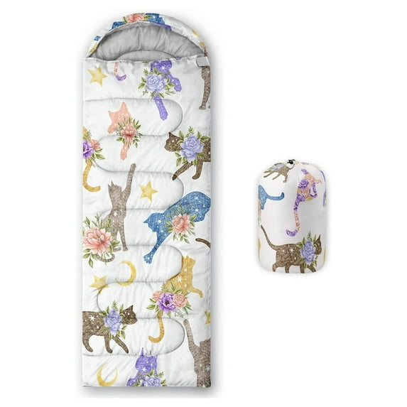 Kids Floral Cat Camping Sleeping Bags,Lightweight & Waterproof,3 Season Warm & Cool Weather,Kawaii Kitten Sleeping Bags for Girls Adults,Travelling,Outdoors