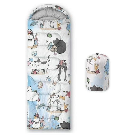 Kids Floral Cat Camping Sleeping Bags,Lightweight & Waterproof,3 Season Warm & Cool Weather,Kawaii Kitten Sleeping Bags for Girls Adults,Travelling,Outdoors