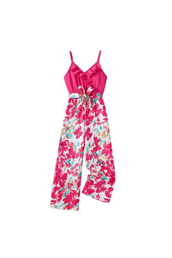 Kids Floral Jumpsuit for Girl Vacation Ruffle Spaghetti Strap Elegant Jumpsuits Girls Wide Leg Rompers Summer Beach Outfits, Hot Pink, 7 Years