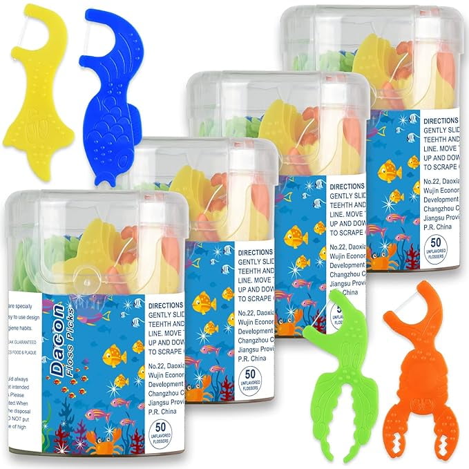 Kids Flossers, Kids Dental Floss Picks without Fluoride, Unflavored, 4 Colors Ocean Animals Shaped Makes Flossing Fun, 50 Count (Pack of 4)