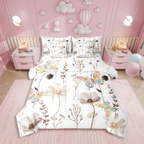 Flower Butterfly Bedding Set Full Size 7 Piece Bed In A Bag,Brown Beige Watercolor Comforter Set For Teens Adult Women,Rustic Farmhouse Sheet Set Floral Branches Pastoral Bed Sets