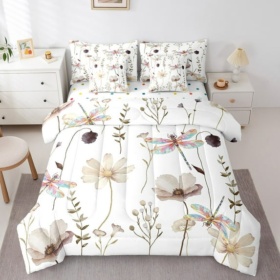 Flower Dragonfly Comforter Set Queen,Brown Beige Watercolor Floral Bedding Set,Minimalist Branches Bed In A Bag(Comforter+Fitted+Flat Sheet+2 Pillowcases+2 Throw Pillow Covers) 7 Pieces Bed Set