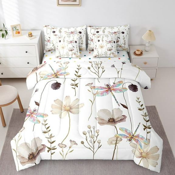 Flower Dragonfly Comforter Set Twin,Brown Beige Watercolor Floral Bedding Set,Minimalist Branches Bed In A Bag(Comforter+Fitted+Flat Sheet+2 Pillowcases+2 Throw Pillow Covers) 7 Pieces Bed Set