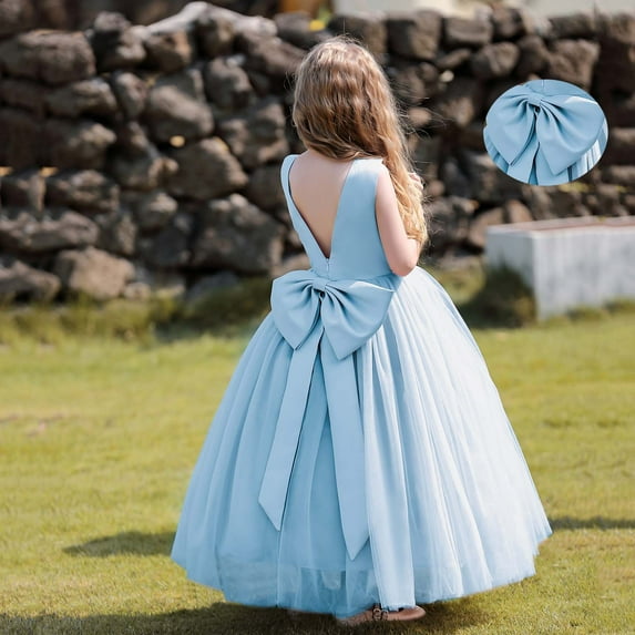Kids Flower Girl Dress Blue Ruffle Tulle Toddler Dress Fancy Dress for Girls Princess Dress Up for Girls 6-7 year