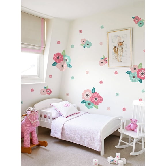 Kids Flower Vinyl Wall Stickers - Spring Pink and Mint Blooms