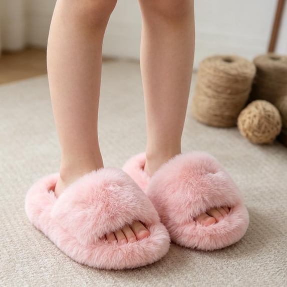 Kids Fluffy Slide Sandals Wide Fuzzy Strap Slippers Thick Platform Sole Comfortable Open Toe House Shoes Non Indoor Outdoor Footwear for Girls Boys