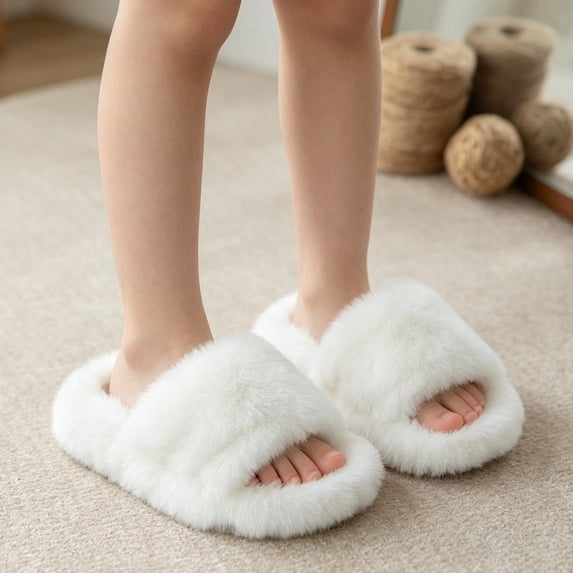 Kids Fluffy Slide Sandals Wide Fuzzy Strap Slippers Thick Platform Sole Comfortable Open Toe House Shoes Non Indoor Outdoor Footwear for Girls Boys