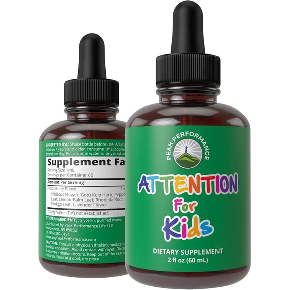 Kids Focus Drops. Attention Deficit Liquid Supplement for Concentration, Attention, Brain, Memory. No Bitter Taste. Natural Non-Habit Forming Sugar Free 7-in-1 Vegan Nootropic for Children, Teenagers