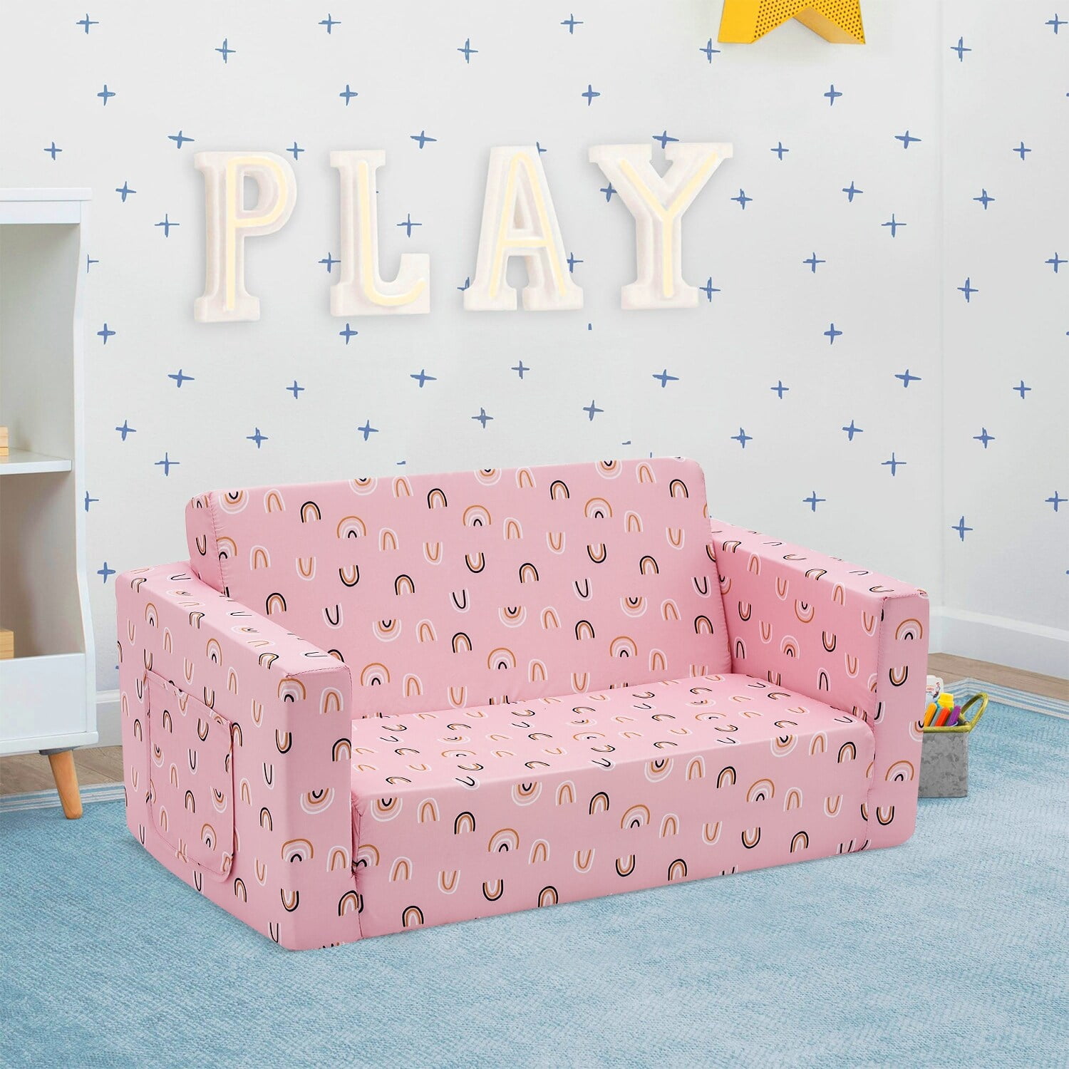 2-in-1 Kids Fold Out Couch - Toddler Convertible Sofa To Lounger, Flannel Cover, No Assembly Needed