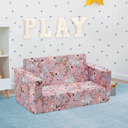 Kids Fold Out Couch 2-in-1 Children Convertible Sofa to Lounger Pink Unicorn
