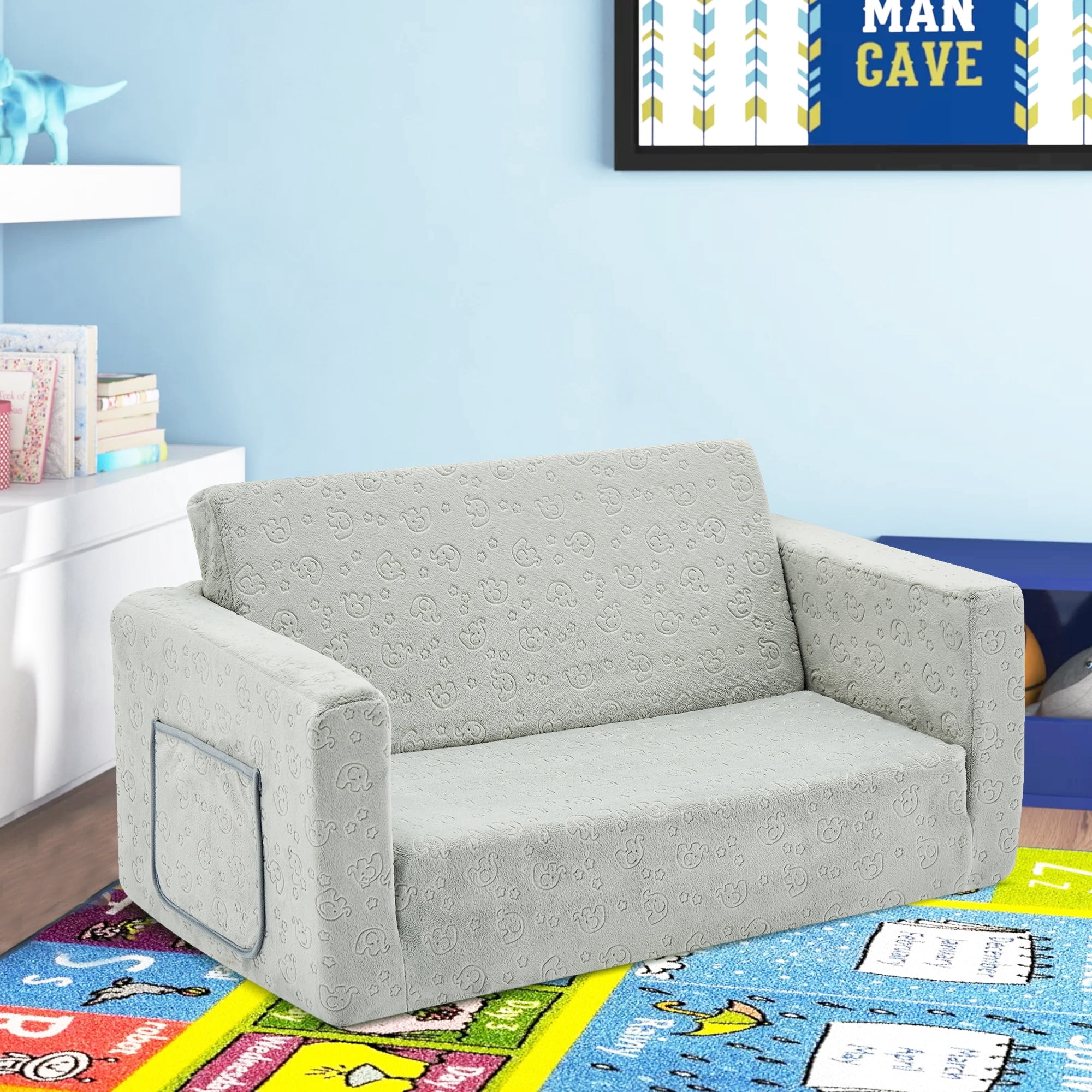 2-in-1 Kids Fold Out Couch - Toddler Convertible Sofa To Lounger, Flannel Cover, No Assembly Needed