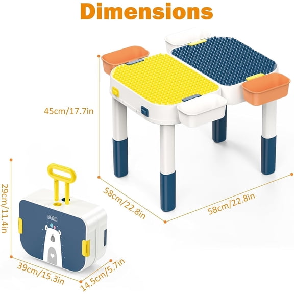 Kids Foldable Building Block Table, Play Table and Building Blocks Toy, Children's Building Block Table with Storage, Toddler Multi Activity Play Table - Convertible into Luggage with Wheels