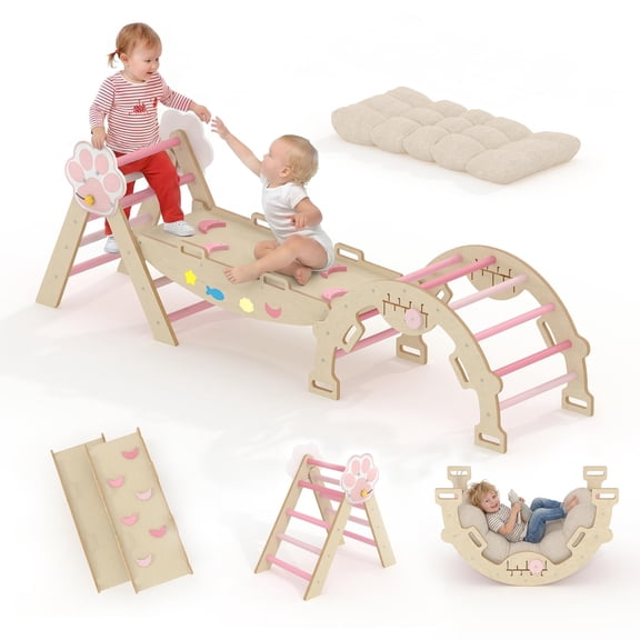 Kids Foldable Triangle Set with Cushion, 7 in 1 Wooden Toddler Climbing Toys Indoor, Kids Jungle Gym Play Structure with Reversible Slide Ramp & Rocking Arch, Baby Climber for Toddlers Toys-Cat, Pink