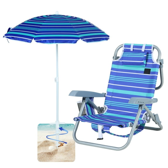 Kids Folding Beach & Camping Chair with Tilt Umbrella, 5 Reclining Positions, Lightweight & Portable for Toddlers (1 Pack)