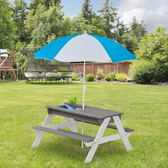 Kids Folding Picnic Table, SHINPT Wooden Picnic Table with Umbrella, 3 in 1 Sand & Water Table for Kids, Kids Outdoor Wooden Picnic Table with 2 Trays, Picnic Set for Backyard, Garden, Beach