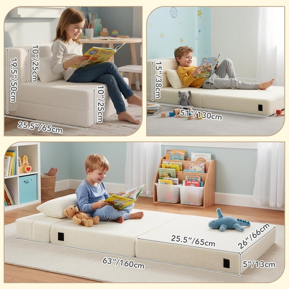 Kids Folding Sofa Bed Floor Mattress Glow Tri-Fold Futon Chair Plush Beige