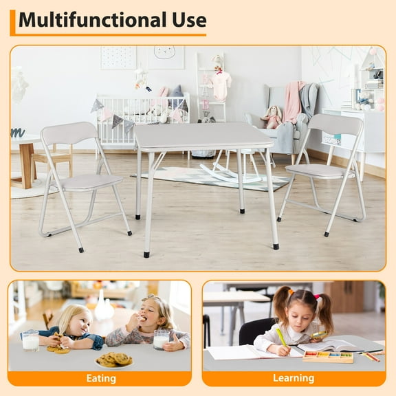Kids Folding Table and Chair Set of 5, Upholstered Children's Activity Table and Chair Set, Metal Frame Foldable Card Table and Chair Set for Eating, Reading, Playing, Black