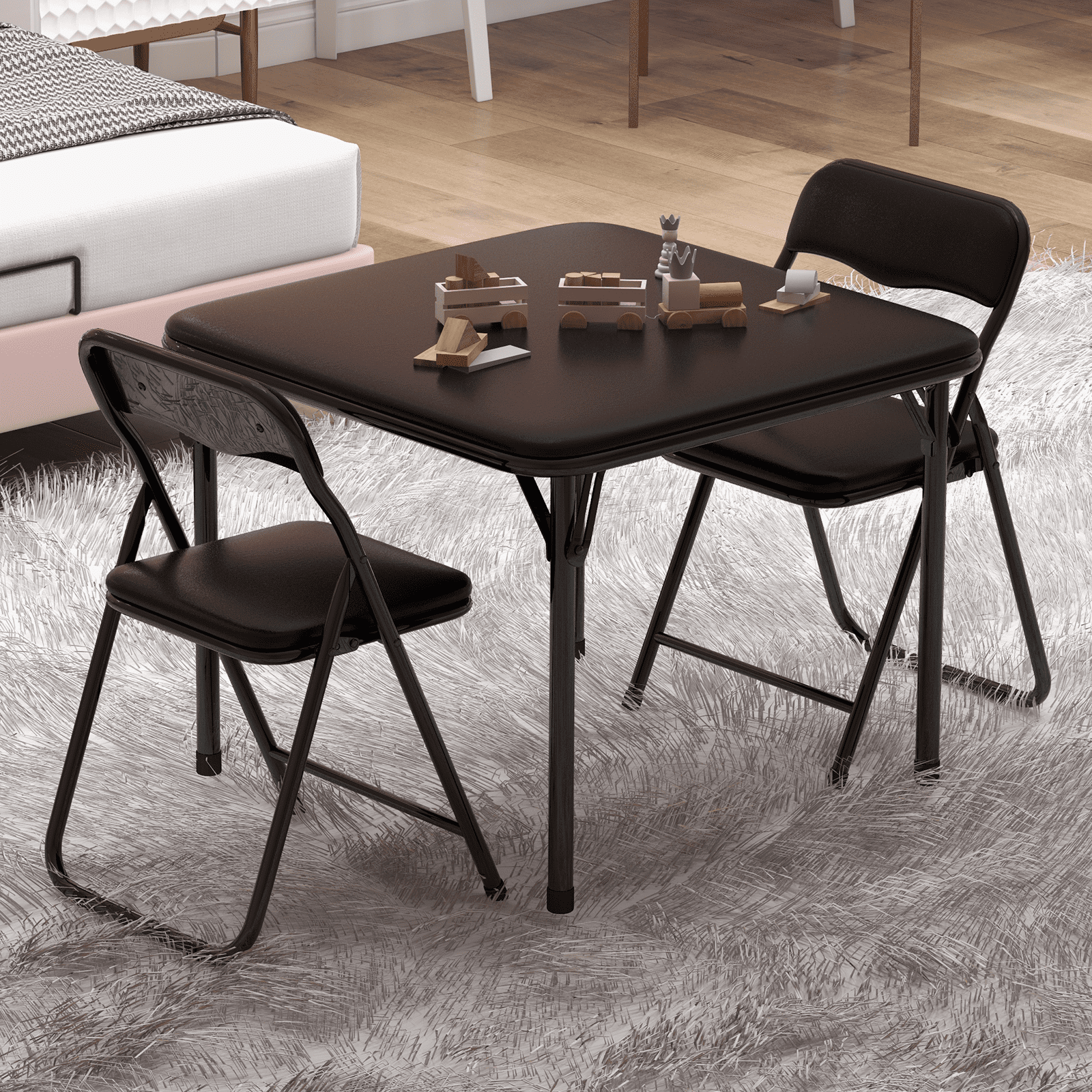 Kids Folding Table and Chairs Set, 3 Piece Table Set with 2 Folding Chairs for Daycare and Classrooms, PU Leather, Steel Frame, Includes Table and 2 Chairs, Perfect for Arts & Crafts