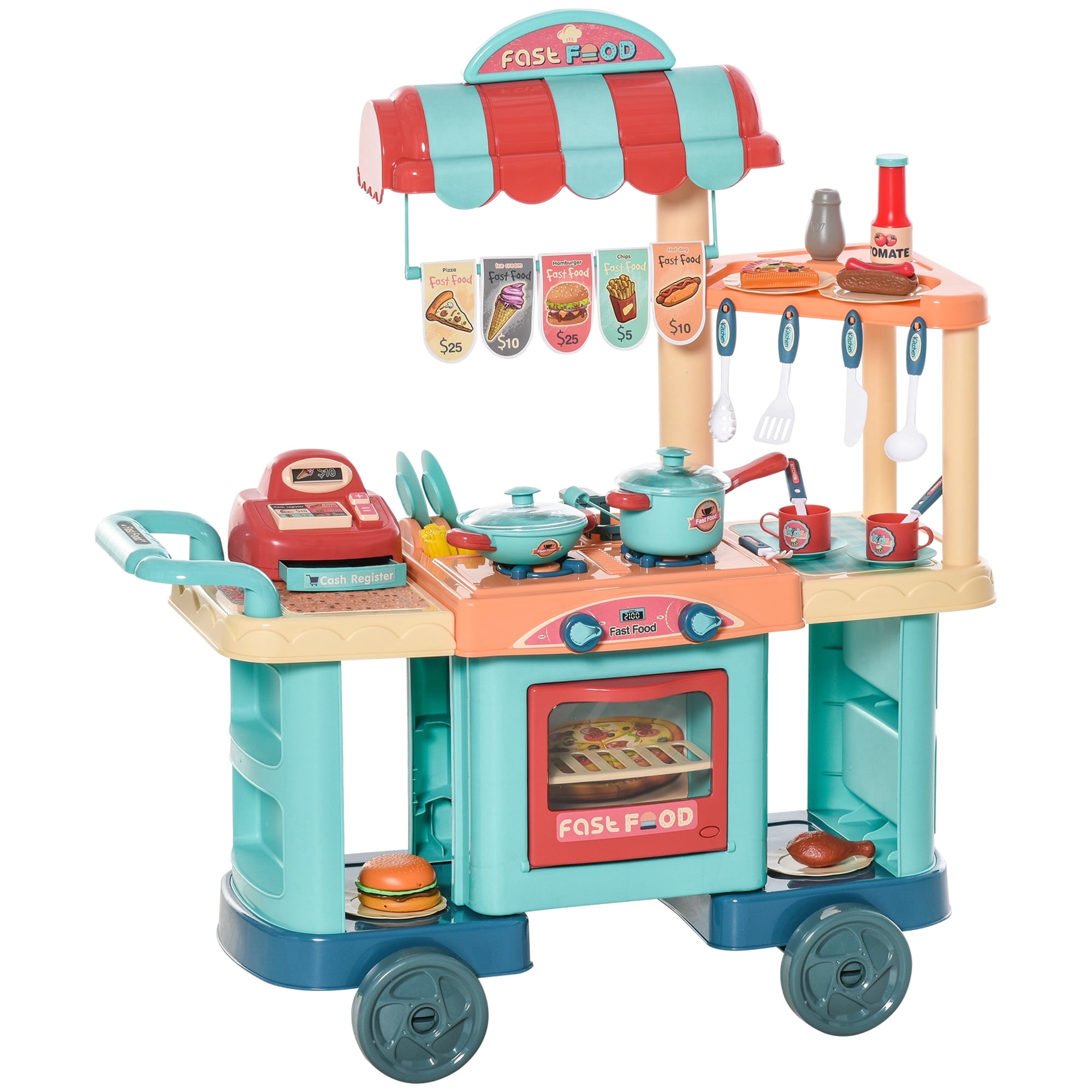 Kids Food Stand Playset 50 Pieces Pushable Kitchen with Cash Register for Ages 3-6 Learning Play