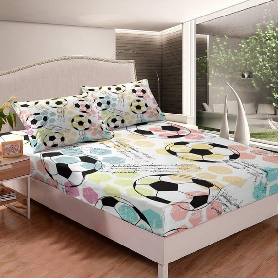 Football Bedding Set Sports Theme Fitted Sheet Soccer Ball Pattern Bed Sheet Set Breathable Colorful Grunge Style Bed Cover Geometry Room Decor Queen Size