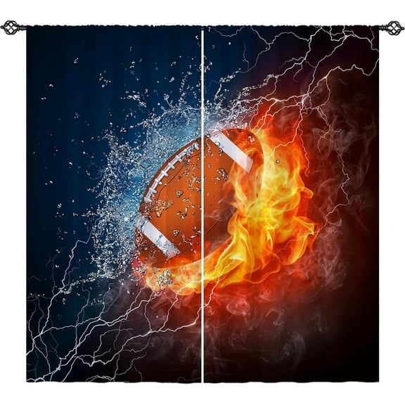 Kids Football Curtains W42 x L63 Inch Rod Pocket Sports Water Fire Rugby Flame Thunder Lightning Print Pattern Privacy Fabric Window Drapes for Boys Bedroom Nursery Baby Playroom 2 Panels