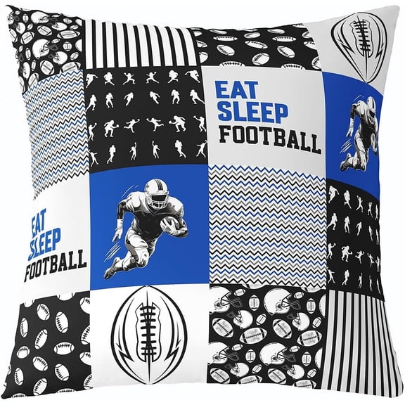 Kids Football Pillow Cover Eat Sleep Football Throw Pillow Cover 16x16 Sports Game Sketch Cushion Cover for Boys Youth Black Blue Patchwork Geometric Striped Square Pillow Cover