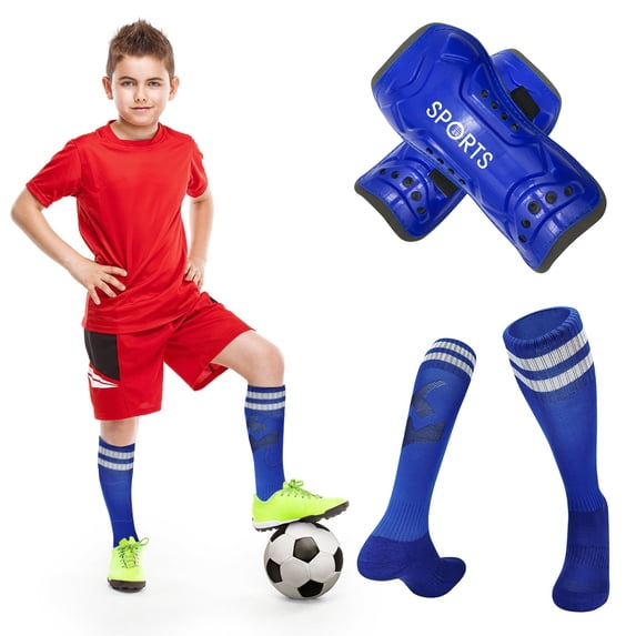 Kids Football Shin Guards with Socks Set for Youth Boys Girls - Blue L
