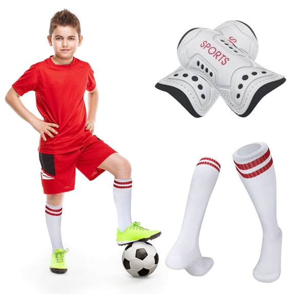 Kids Football Shin Guards with Socks Set for Youth Boys Girls - White M