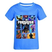 DELANHON Kids Fortnite T-Shirt Short Sleeve Gaming Tee with Vibrant Character Graphics Boys Girls Comfortable Cotton Casual Clothing for Summer (blue 100)