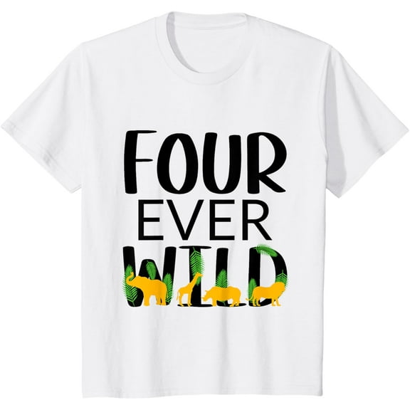 Kids Four Ever Wild Animal Safari 4th Birthday Boy Jungle T-Shirt
