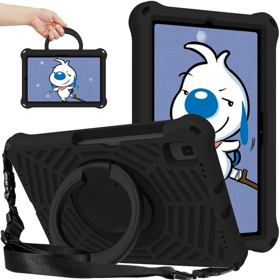 Kids Friednly Case for Samsung Galaxy Tab A7 T500/T505/T507, EVA Foam Shoulder Strap Shockproof Protective Case with Pencil Holder Rotated Handle Bracket Stand Heat Dissipation Cover,Black