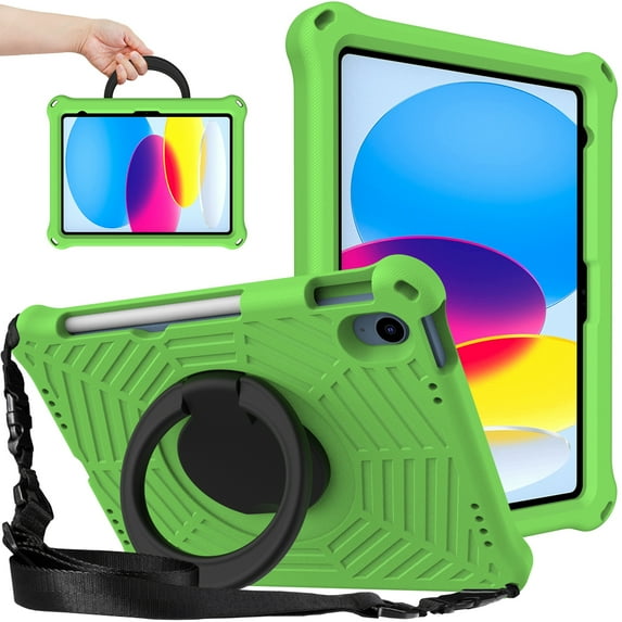 Kids Friednly Case for iPad 10th Gen 10.9" 2022, EVA Foam Shoulder Strap Shockproof Protective Case with Pencil Holder Rotated Handle Bracket Stand Heat Dissipation Cover, Green