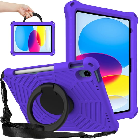Kids Friednly Case for iPad 10th Gen 10.9" 2022, EVA Foam Shoulder Strap Shockproof Protective Case with Pencil Holder Rotated Handle Bracket Stand Heat Dissipation Cover, Purple