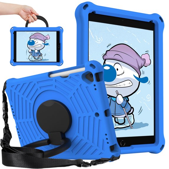 Kids Friednly Case for iPad 9th/8th/7th Generation 10.2 inch, EVA Foam Shoulder Strap Shockproof Protective Case with Pencil Holder Rotated Handle Bracket Stand Heat Dissipation Cover,Blue