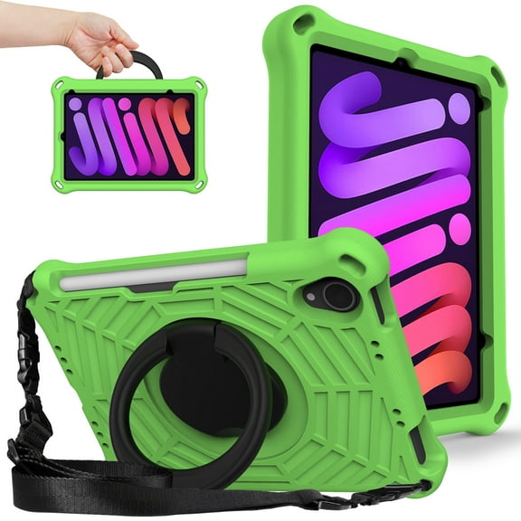 Kids Friednly Case for iPad Mini 6th Generation 2021, EVA Foam Shoulder Strap Shockproof Protective Case with Pencil Holder Rotated Handle Bracket Stand Heat Dissipation Cover,Green