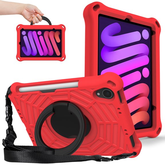 Kids Friednly Case for iPad Mini 6th Generation 2021, EVA Foam Shoulder Strap Shockproof Protective Case with Pencil Holder Rotated Handle Bracket Stand Heat Dissipation Cover,Red