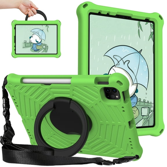 Kids Friednly Case for iPad Pro 11" 4th 3rd 2nd Gen 2022/2021/2020/2018, EVA Foam Shoulder Strap Shockproof Protective Case with 360 Degree Rotated Handle Bracket Stand Heat Dissipation Cover,Green