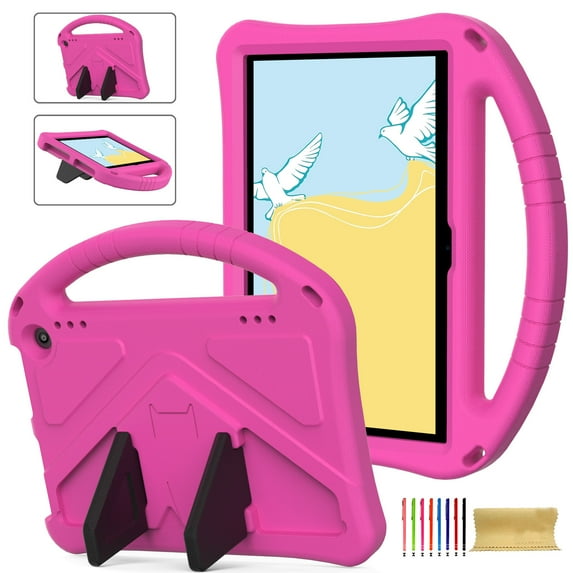 Kids-Friendly Case for Amazon Kindle Fire HD 8 & 8 Plus Tablet (2024/2022/2020 Release,12th/10th Generation),with Portable Handle & Kickstand,Shockproof EVA Foam Child Protector Silicone Case,Rose