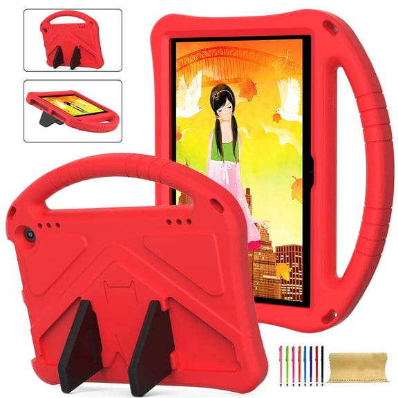 Kids-Friendly Case for Amazon Kindle Fire HD 8 & 8 Plus Tablet (2024/2022/2020 Release,12th/10th Generation),with Portable Handle & Kickstand,Shockproof EVA Foam Child Protector Silicone Case,Red