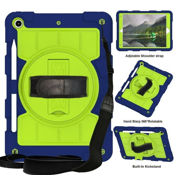 Kids Friendly Case for Apple iPad 9th 8th 7th Gen, for iPad 10.2" 2021/2020/2019 Tablet Case - with Rotate Wristband Hidden Stand Shoulder Strap Military Grade Shockproof Cover - Darkblue